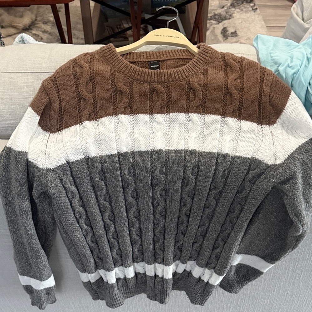 H&M Men's Crewneck Sweater - Brown, Gray, and White